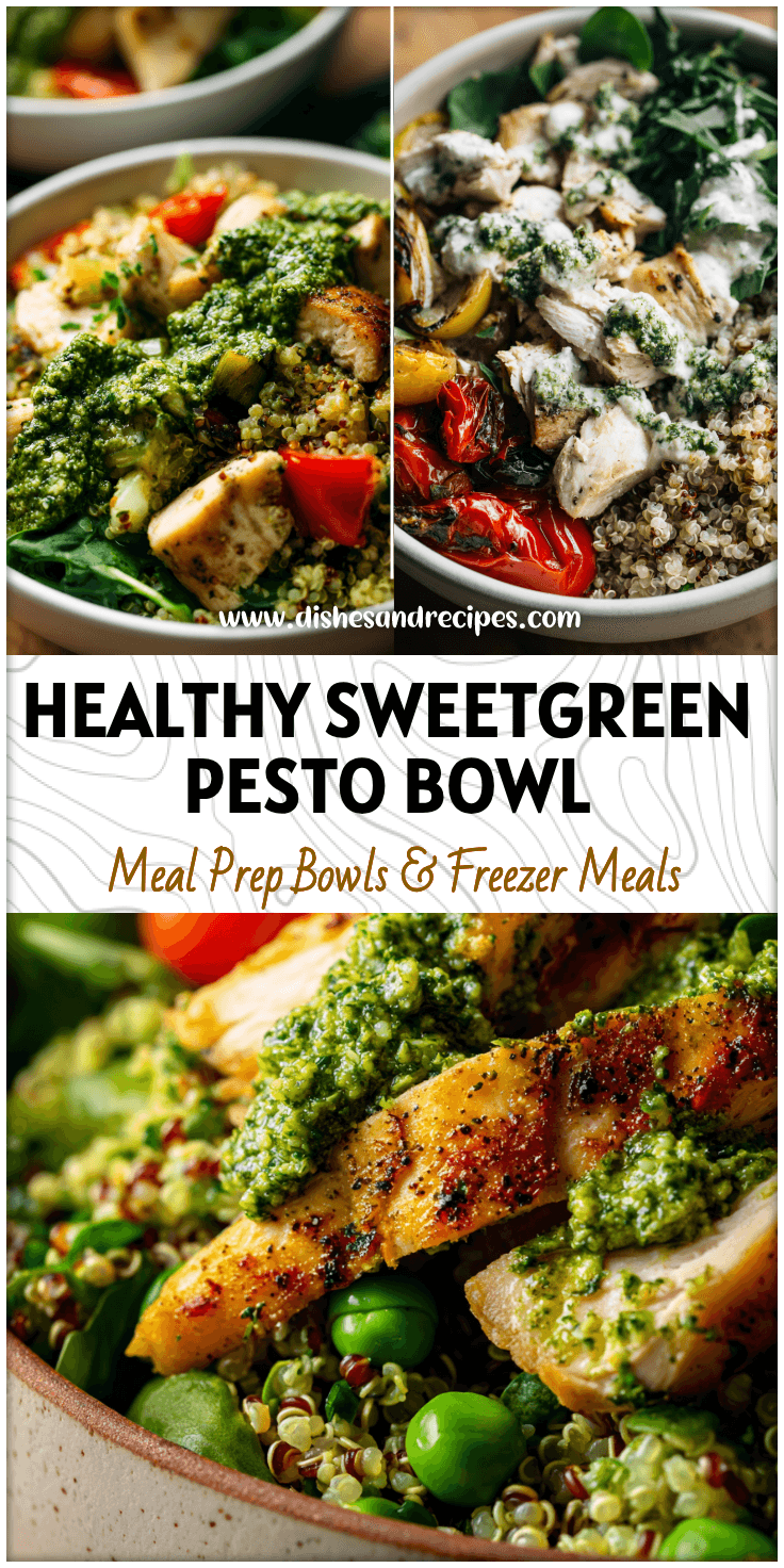 Colorful chicken pesto quinoa bowl with greens and grains, inspired by Sweetgreen Recipes.